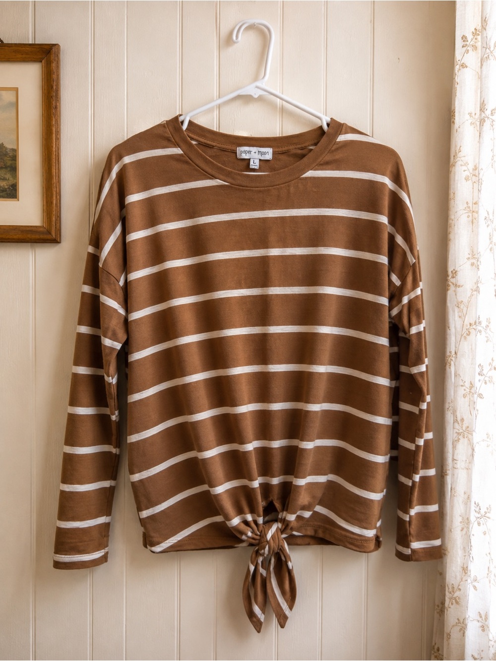Thyme + Honey Women's Brown Striped Tie-Hem Long Sleeve Top Medium
